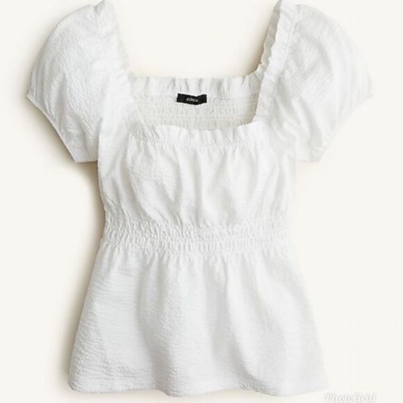 J. Crew J Crew Seersucker Smocked White Puff Sleeve Top - Picture 1 of 6